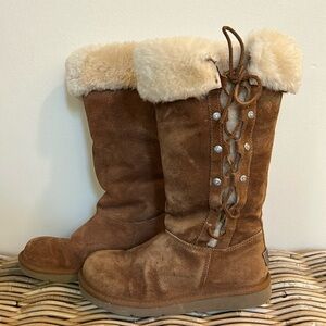 UGG Australia Upside Womens Size 5 Brown Suede Sheepskin Lace up BOOTS